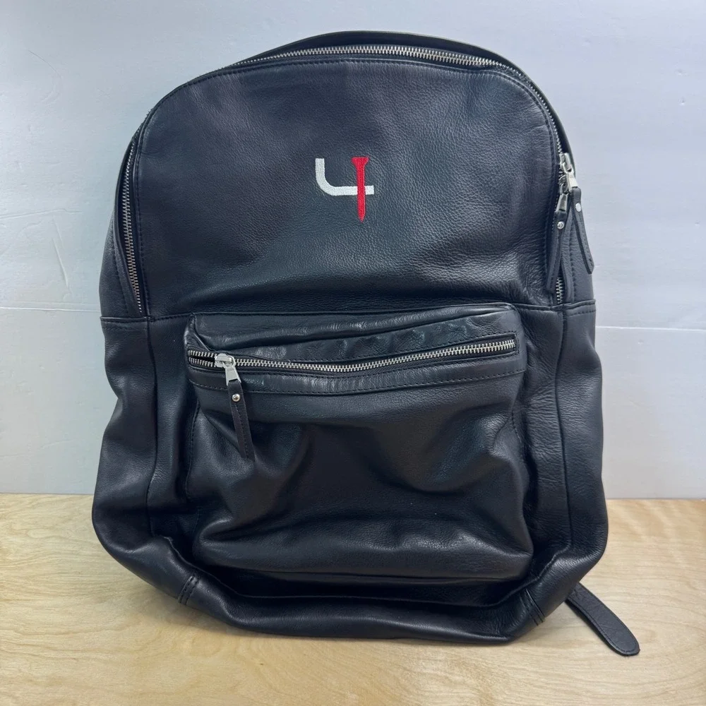FH Wadsworth Black Leather Backpack Short Par 4 Logo Laptop Sleeve Frayed *READ*